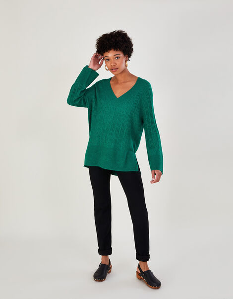 V-Neck Cable Longline Jumper with Recycled Polyester  Green, Green (GREEN), large