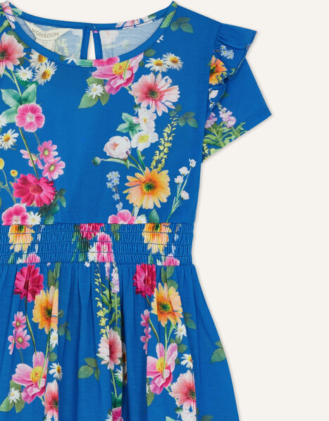 Short Sleeve Floral Print Jersey Dress Blue, Blue (BLUE), large