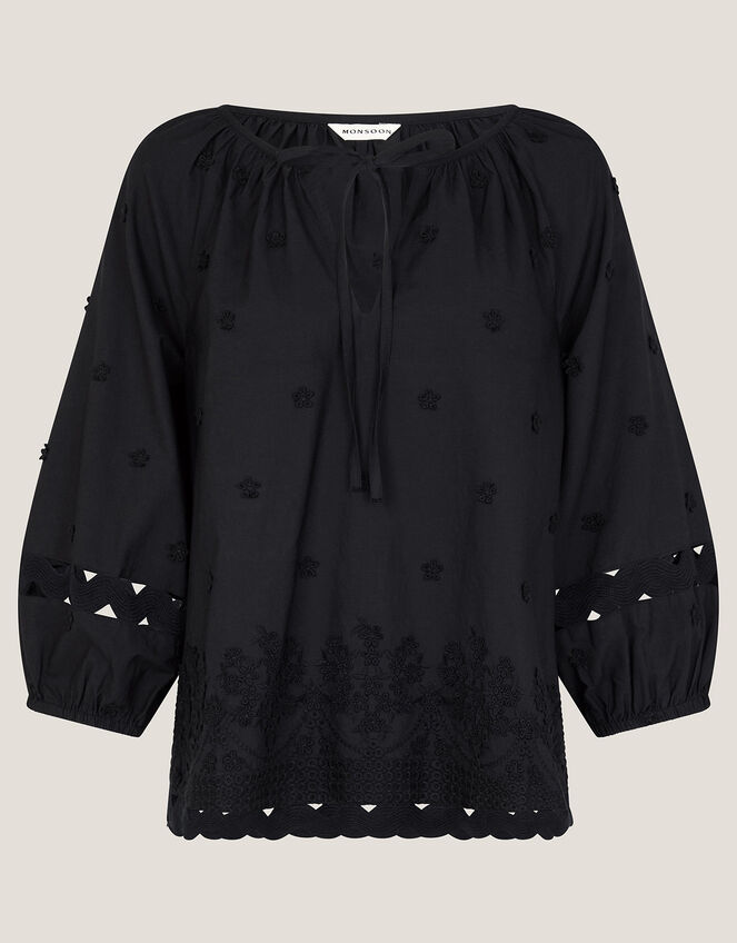 Esme Floral Appliqué 3/4 Sleeve Top, Black (BLACK), large