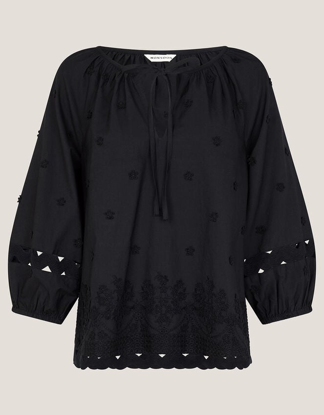 Esme Floral Appliqué 3/4 Sleeve Top, Black (BLACK), large
