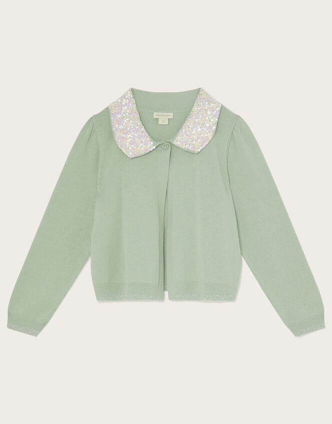 Sequin Collar Cardigan, Green (GREEN), large