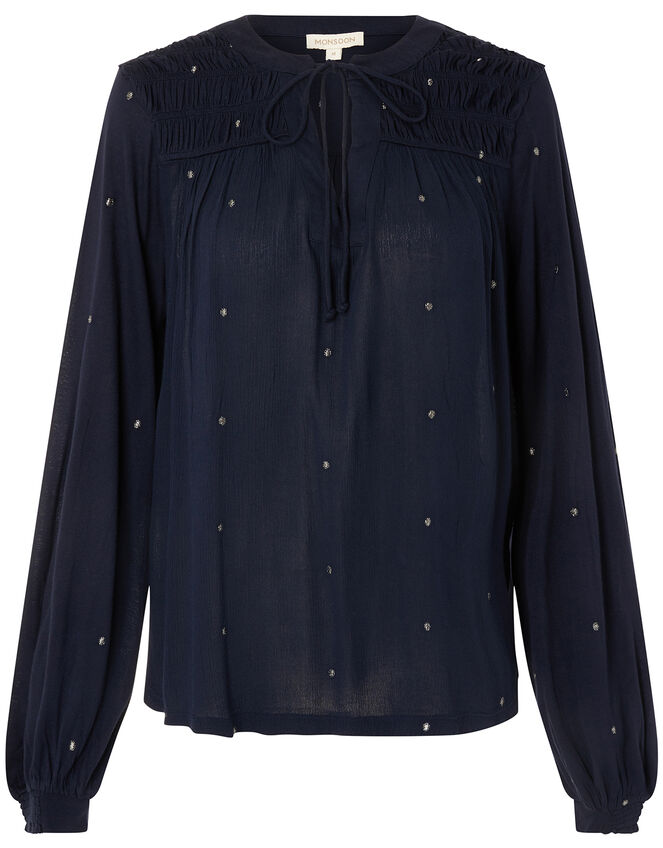 Embroidered Long Sleeve Blouse in LENZING™ ECOVERO™, Blue (NAVY), large