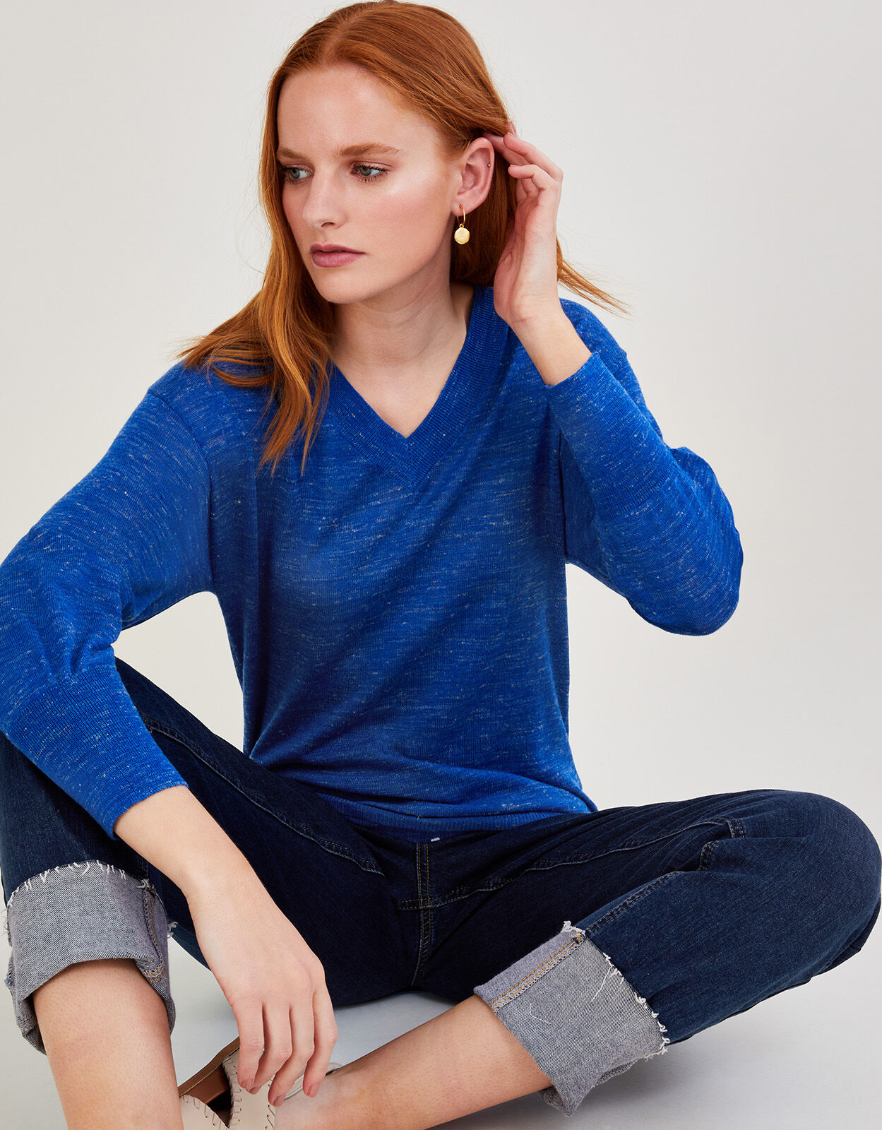V Neck Jumper in Linen Blend Blue Jumpers Monsoon Global