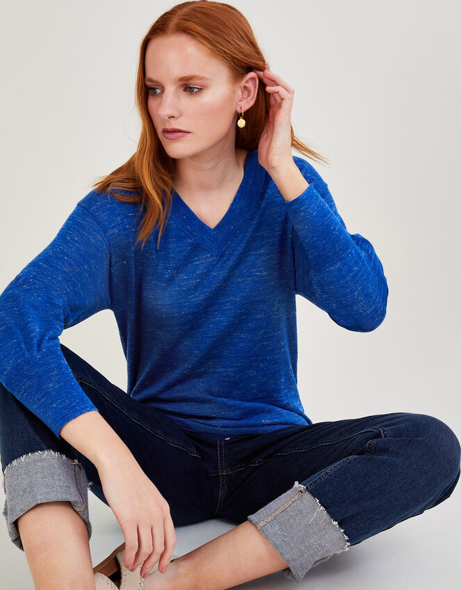 V-Neck Jumper in Linen Blend, Blue (COBALT), large
