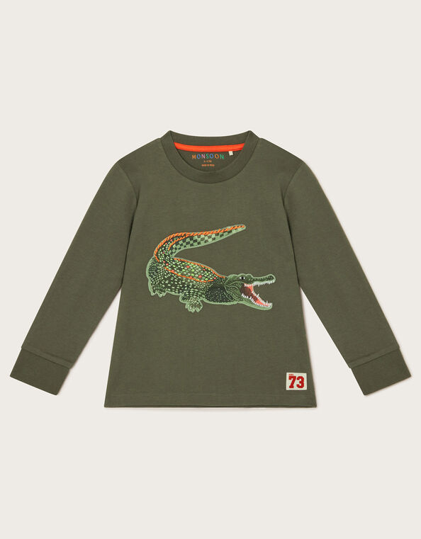 Crocodile Print Long Sleeve Top, Green (KHAKI), large