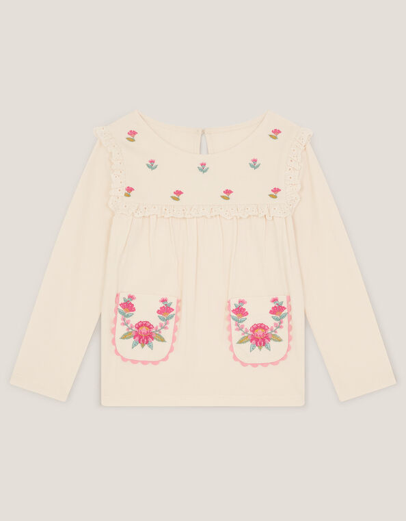 Floral Embroidered Long Sleeve Top, Ivory (IVORY), large