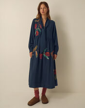 East Freddie Tie Neck Floral Placement Print Midi Dress, Blue (NAVY), large