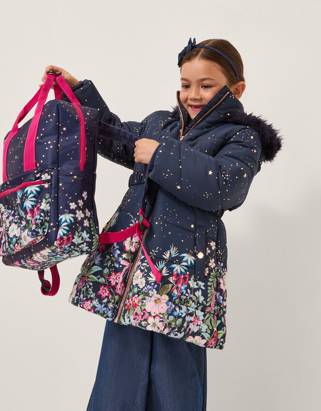 Starry Floral Hooded Coat, Blue (NAVY), large