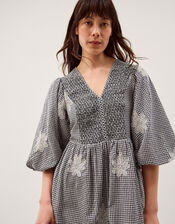 Mimi Puff Sleeve Gingham Midi Dress, Black (BLACK), large