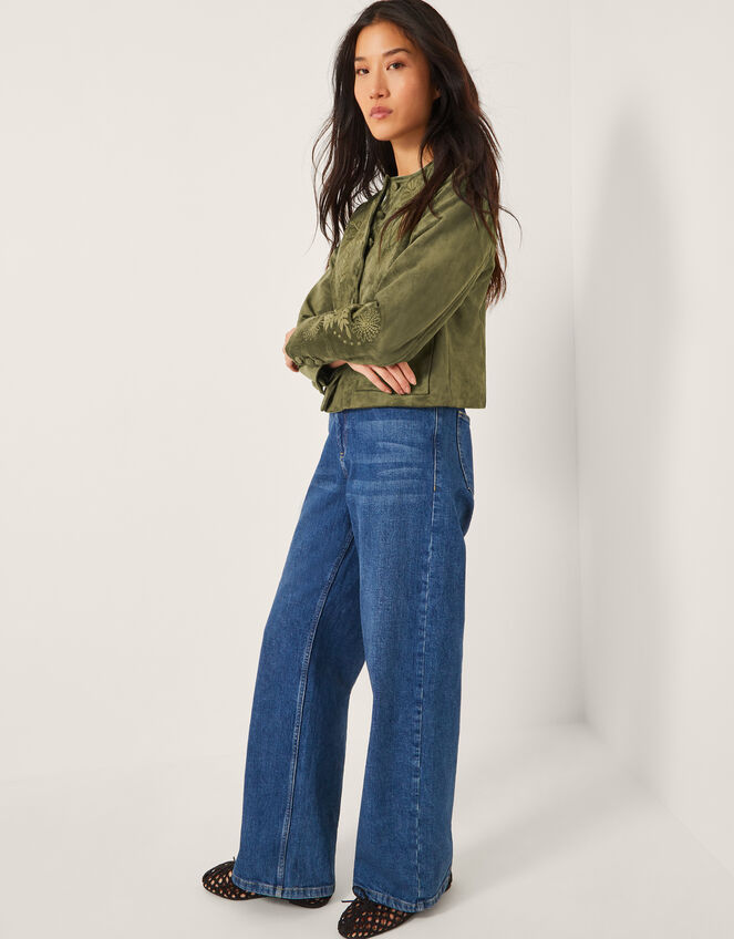Ari Embroidered Suedette Jacket, Green (KHAKI), large