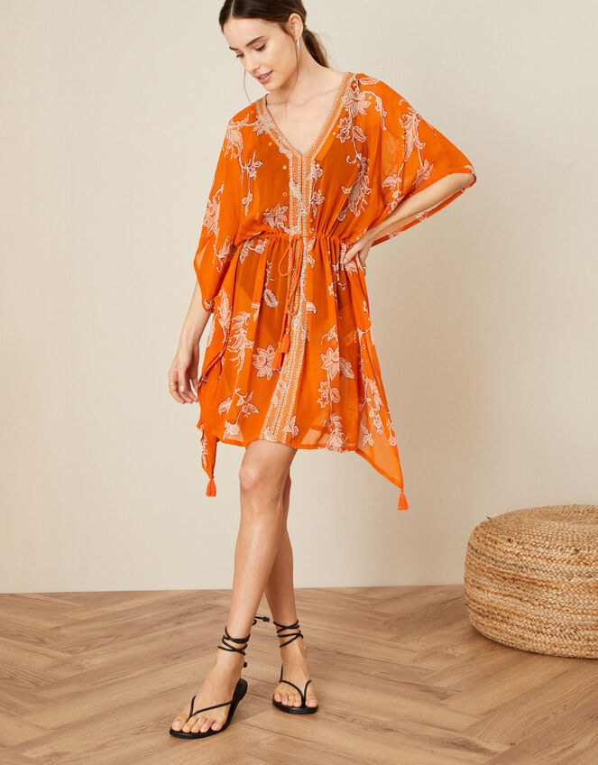 Kai Print Kaftan in Sustainable Viscose, Orange (ORANGE), large