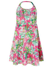 Palm Print Halter Midi Dress in Organic Cotton, Pink (PINK), large