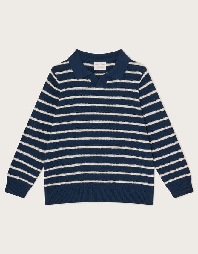 Stripe Knit Polo Jumper, Blue (NAVY), large