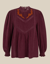 Tyra Long Sleeve Embroidered Corduroy Top, Red (BURGUNDY), large