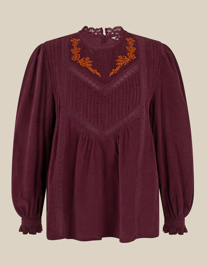 Tyra Long Sleeve Embroidered Corduroy Top, Red (BURGUNDY), large