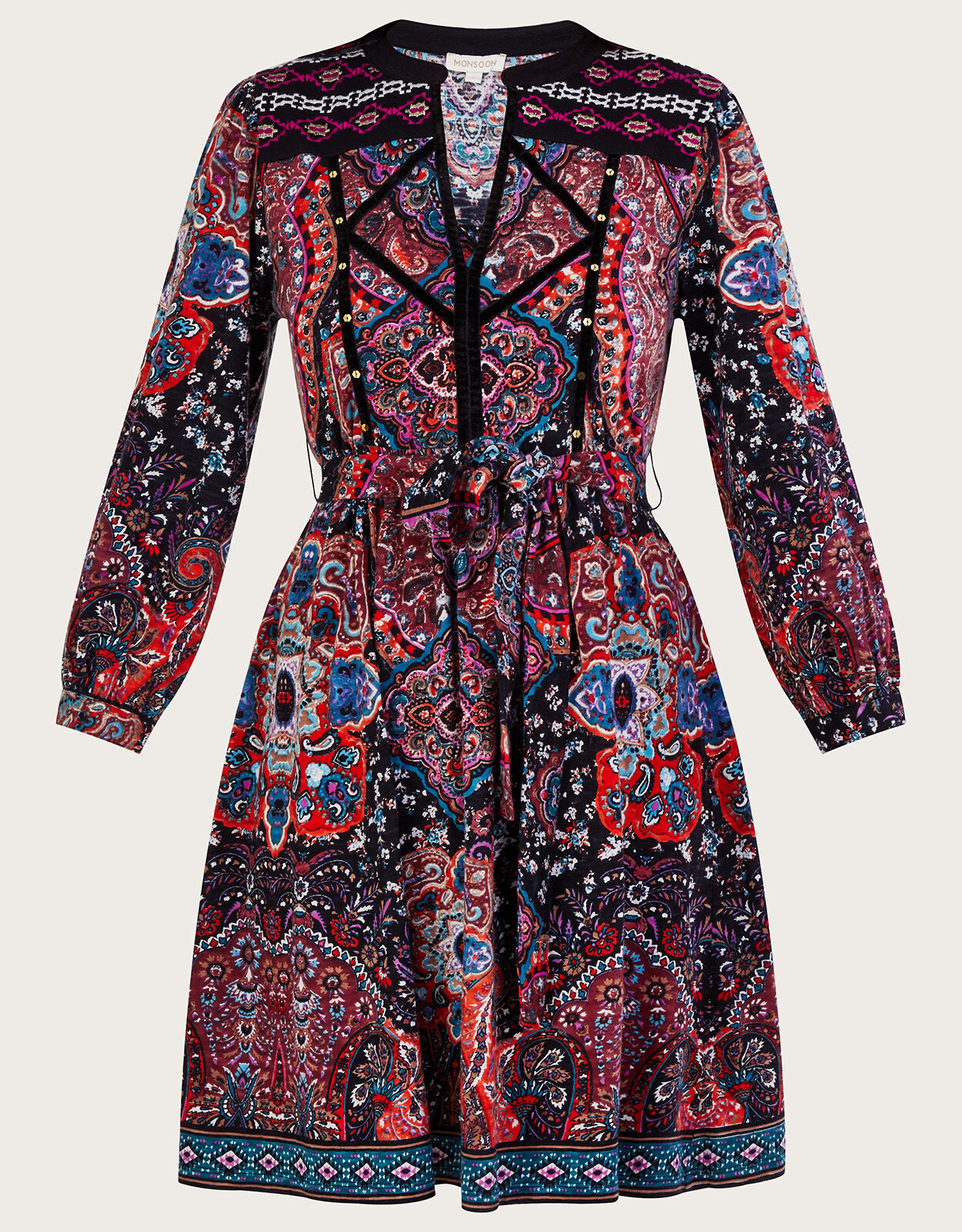 Velvet Trim Printed Short Jersey Dress Blue