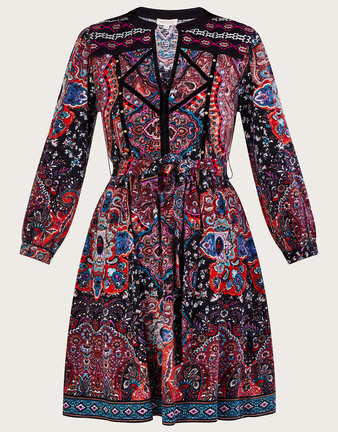 Velvet Trim Printed Short Jersey Dress, Blue (NAVY), large