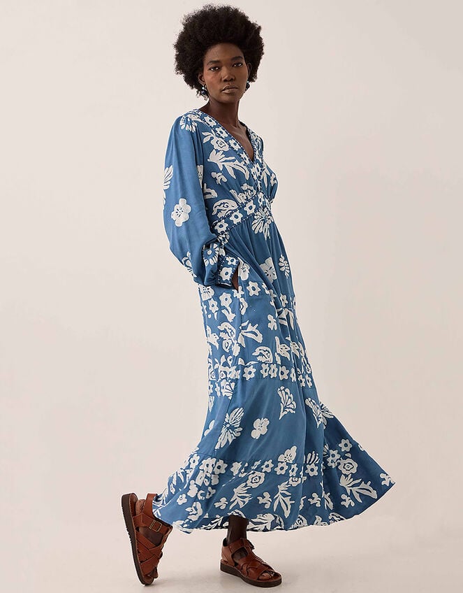 East Kris Hand-Batik Floral Maxi Dress, Blue (DARK BLUE), large