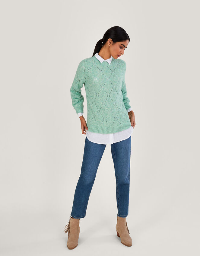 Diamond Stitch Longline Jumper with Recycled Polyester, Green (GREEN), large