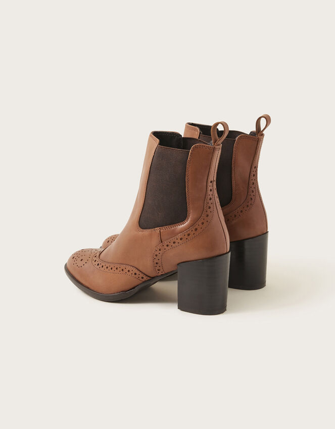 Classic Leather Heeled Brogue Boots, Tan (TAN), large