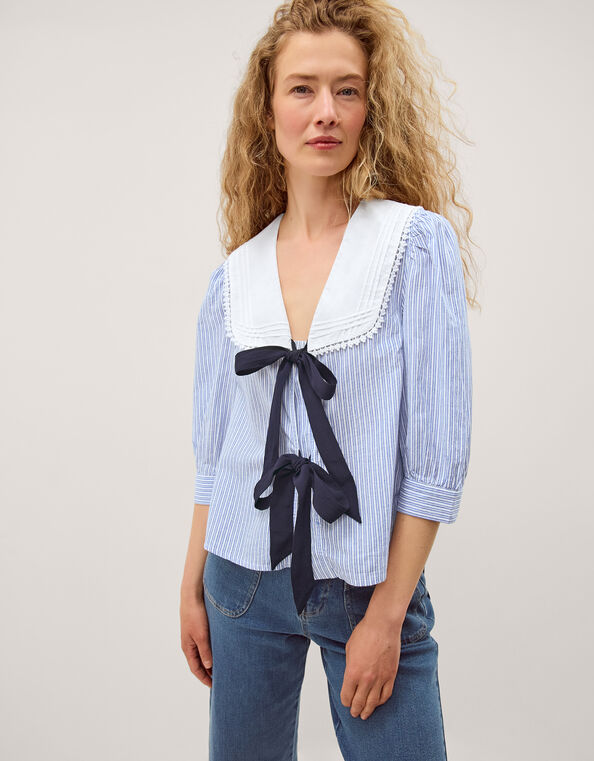 Xenia Tie Front Stripe Blouse, Blue (BLUE), large