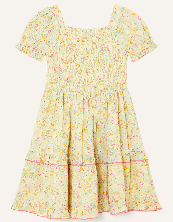 Ditsy Print Shirred Dress, Yellow (YELLOW), large