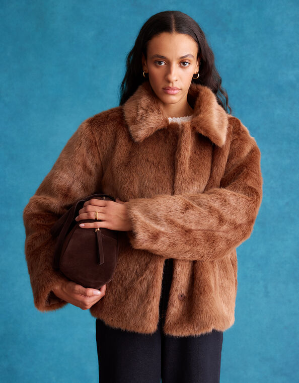 Fern Faux Fur Jacket, Brown (BROWN), large