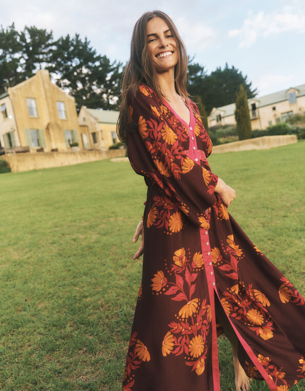 Koa Long Sleeve Floral Midi Dress, Red (BERRY), large