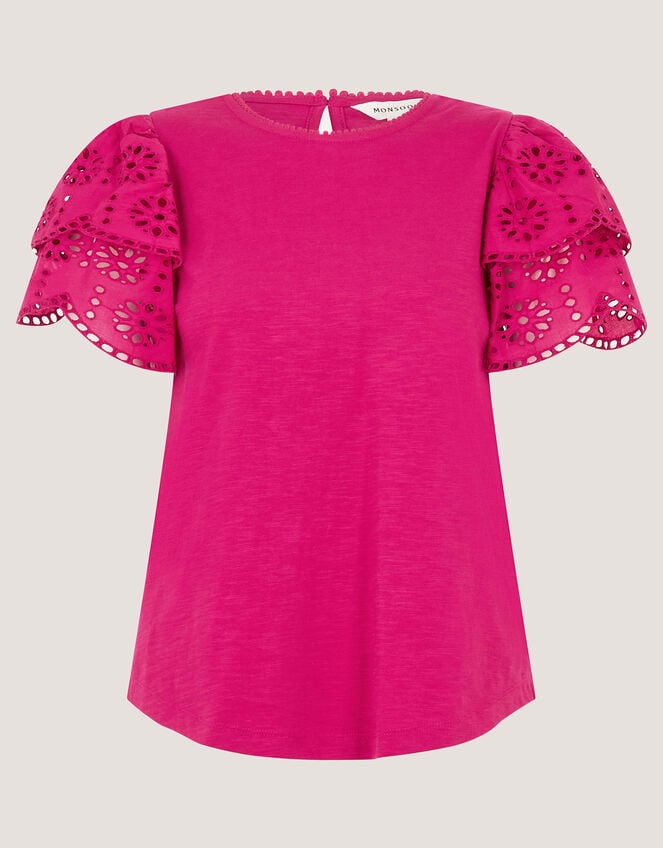 Bev Broderie Sleeve Jersey T-Shirt, Pink (PINK), large