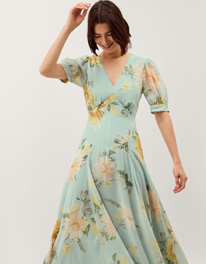 Carris Puff Sleeve Floral Midi Dress, Green (SAGE), large