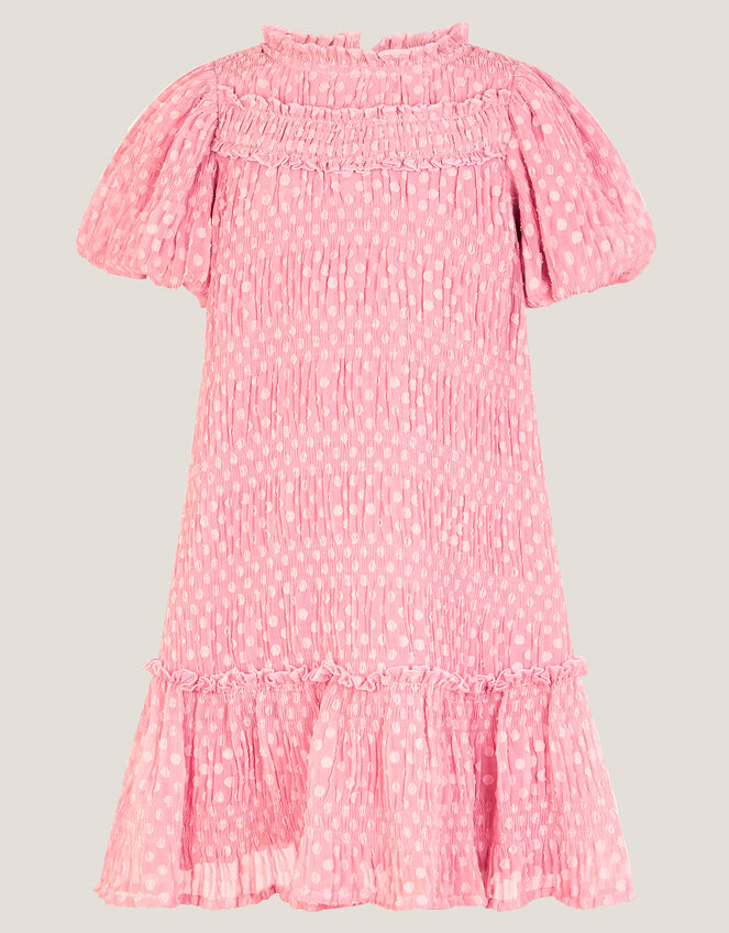 Polka Dot Textured Puff Sleeve Dress, Pink (PINK), large