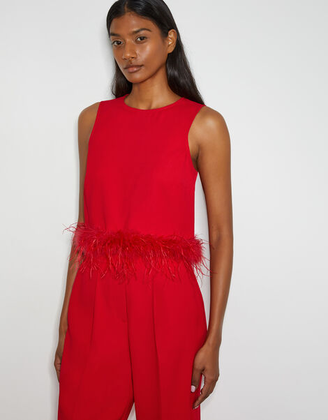Monsoon x Sarah Corbett-Winder Feather Trim Crop Top, Red (RED), large