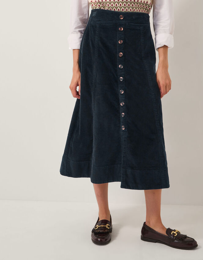 Jamie Button Corduroy Midi Skirt, Blue (NAVY), large