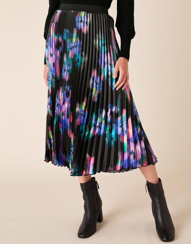 Blur Print Pleated Satin Midi Skirt, Black (BLACK), large