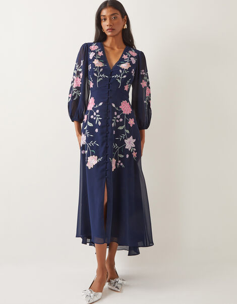 Emani Floral Embroidered Midi Tea Dress, Blue (NAVY), large