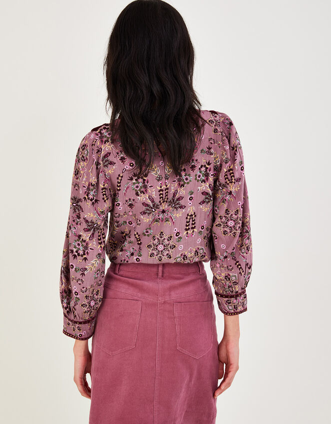 Overhead Heritage Print and Velvet Trim Blouse, Pink (ROSE), large