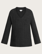 V-Neck Cable Longline Jumper, Black (BLACK), large