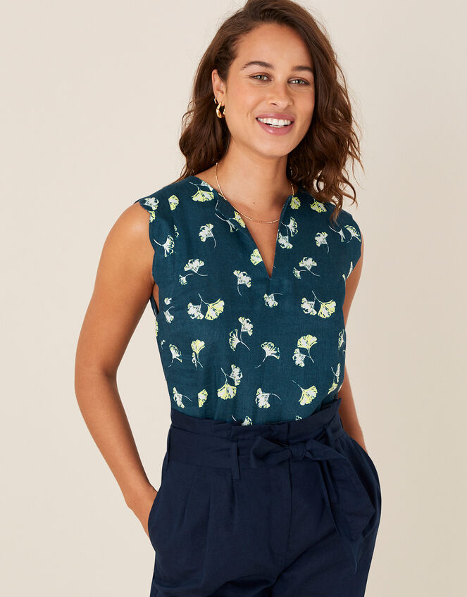 Printed Scallop Tank Top in Pure Linen, Teal (TEAL), large