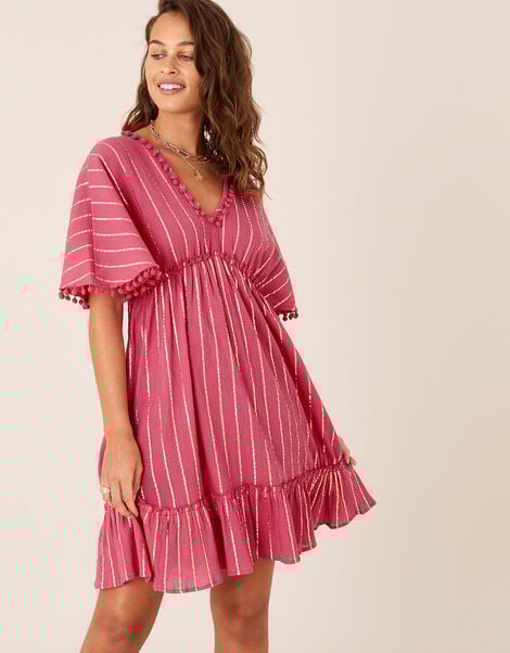 Pom-Pom Trim Stripe Kaftan Red, Red (RED), large