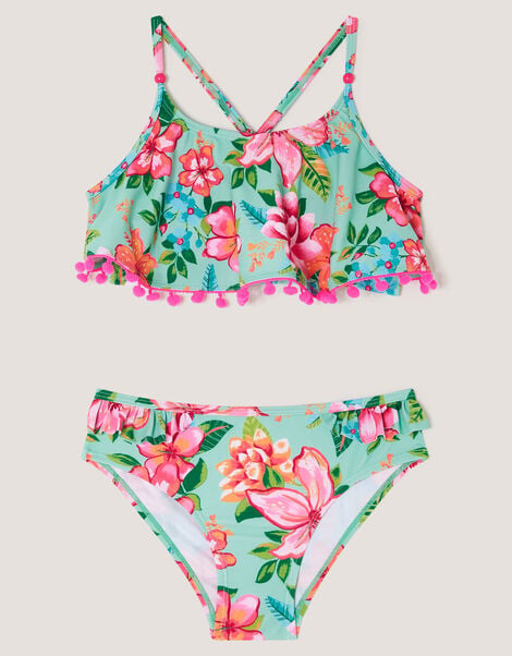 Tropical Flower Frill Bikini Swim Set, Blue (AQUA), large