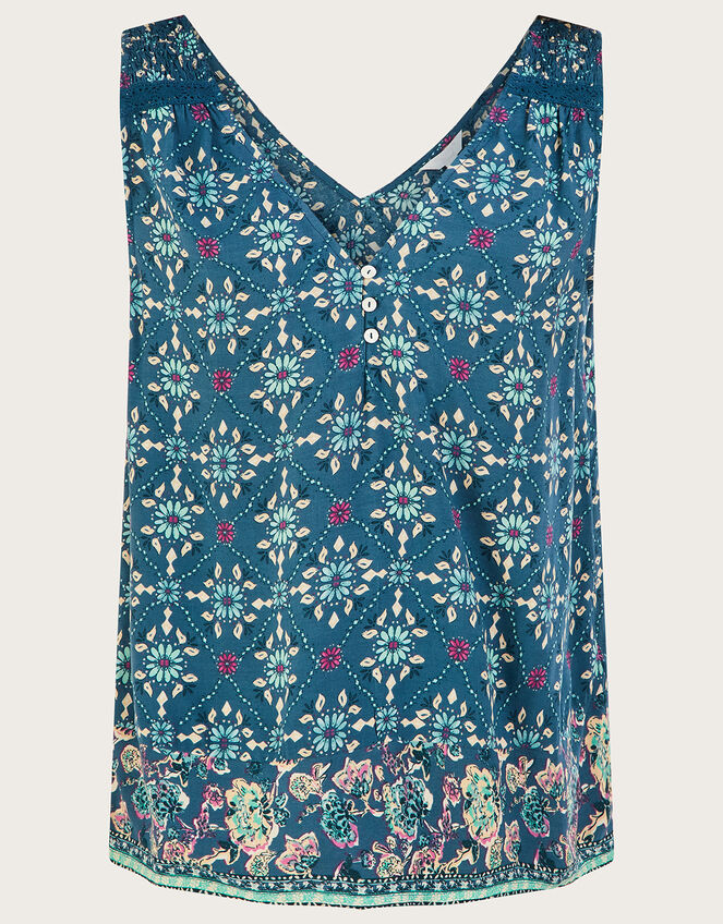 Geometric Tile Print V-Neck Cami Top, Teal (TEAL), large
