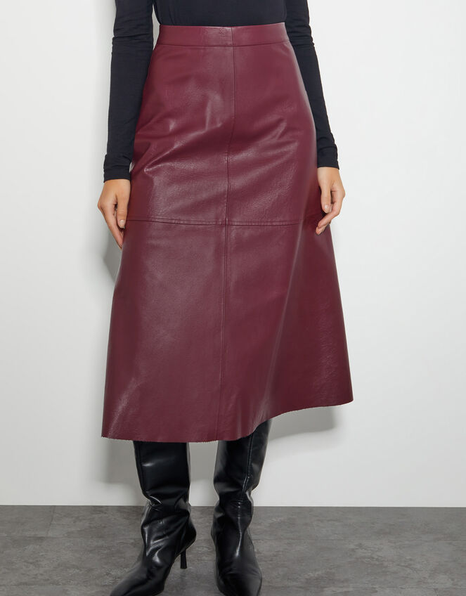 Pippa Faux Leather Midi Skirt, Red (BURGUNDY), large