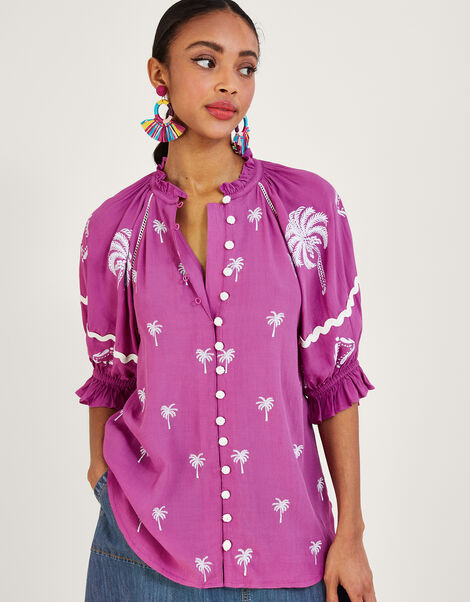 Pernella Palm Embroidered Top in Sustainable Viscose, Pink (PINK), large