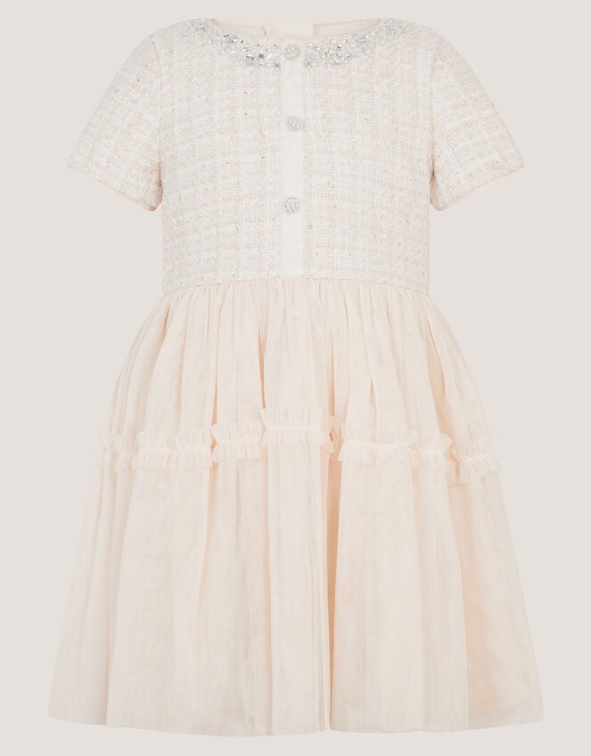Embellished Tweed Mesh Dress, Ivory (IVORY), large