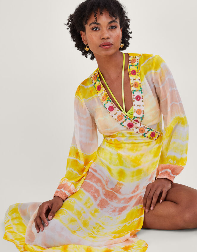 Premium Tie Dye Maxi Kaftan Dress, Yellow (YELLOW), large