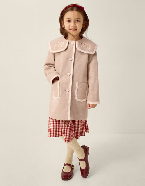 Embroidered Collar Coat, Camel (OATMEAL), large