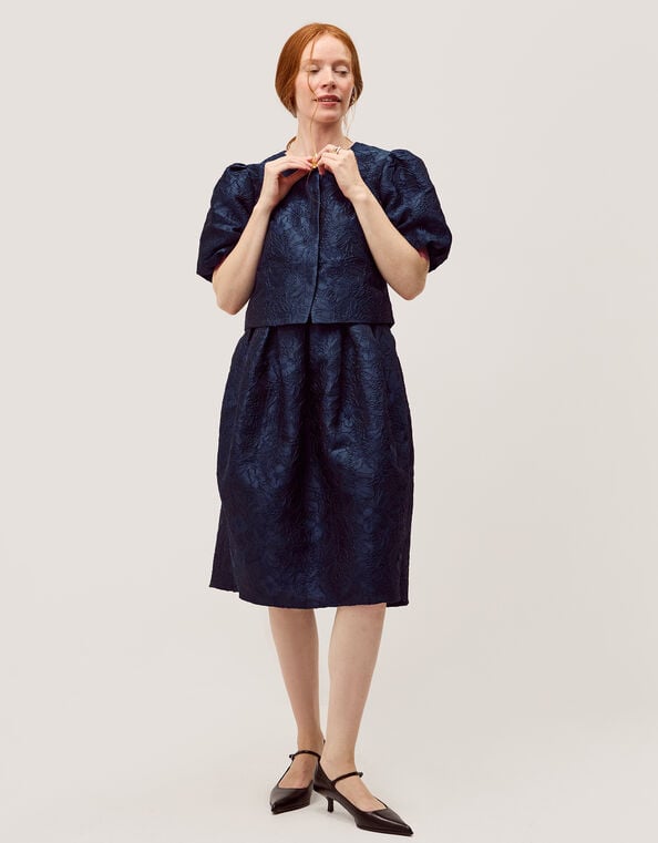 Juliana Floral Jacquard Puff Sleeve Jacket, Blue (NAVY), large