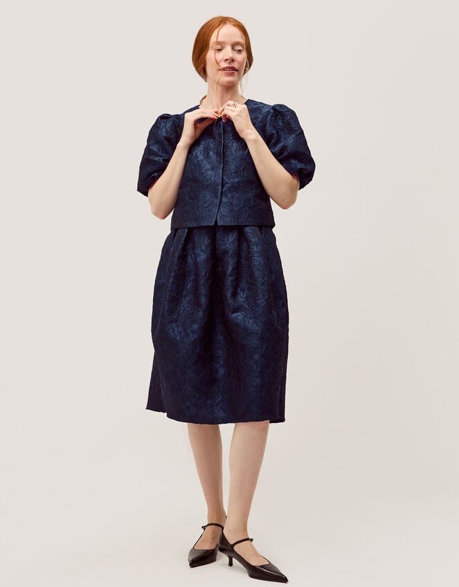 Juliana Floral Jacquard Puff Sleeve Jacket, Blue (NAVY), large
