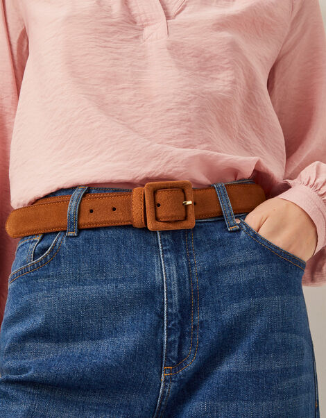 Square Buckle Suede Belt, Tan (TAN), large