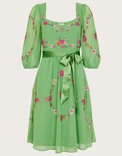 Emelia Floral Embroidered Dress in Recycled Polyester, Green (GREEN), large